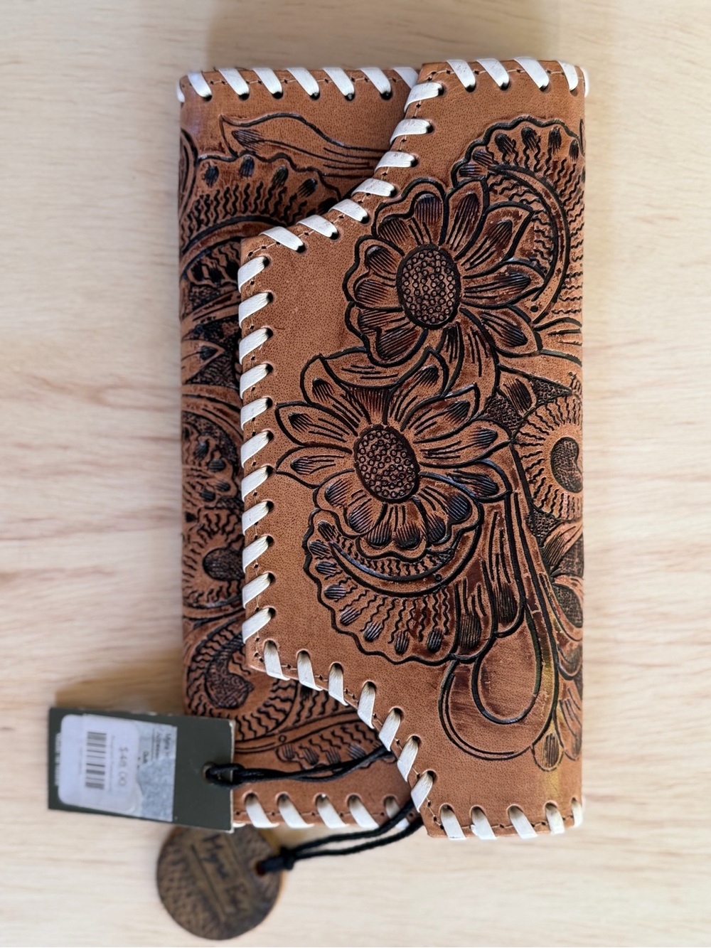 NWT Myra Bag Tan Leather Wallet with White Lacing and Black Cord Tag